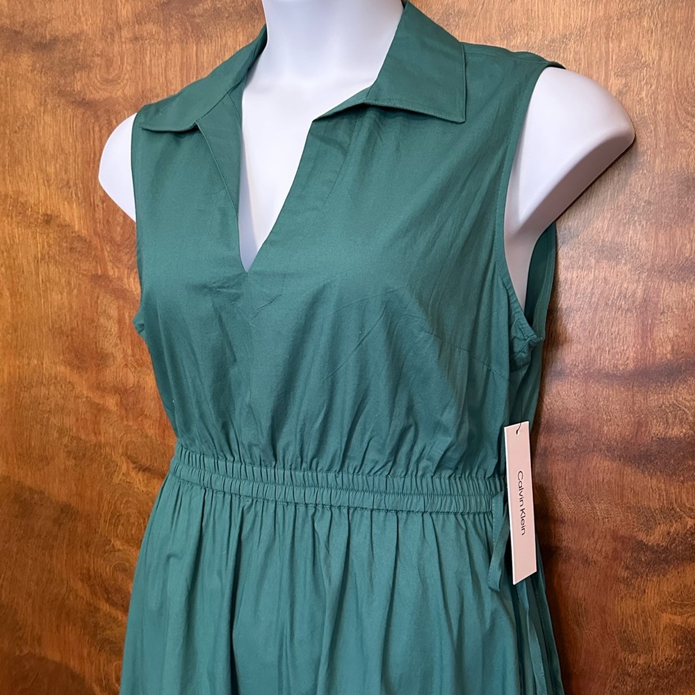 Calvin Klein Sleeveless Drawstring Waist Midi Dress Womens 12 Green Cutout Back - Picture 4 of 16